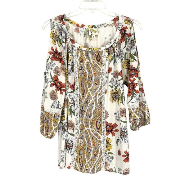 Fig & Flower Boho Peasant Top White Lace Long Slit Balloon Sleeves Yellow Size M - Picture 1 of 10